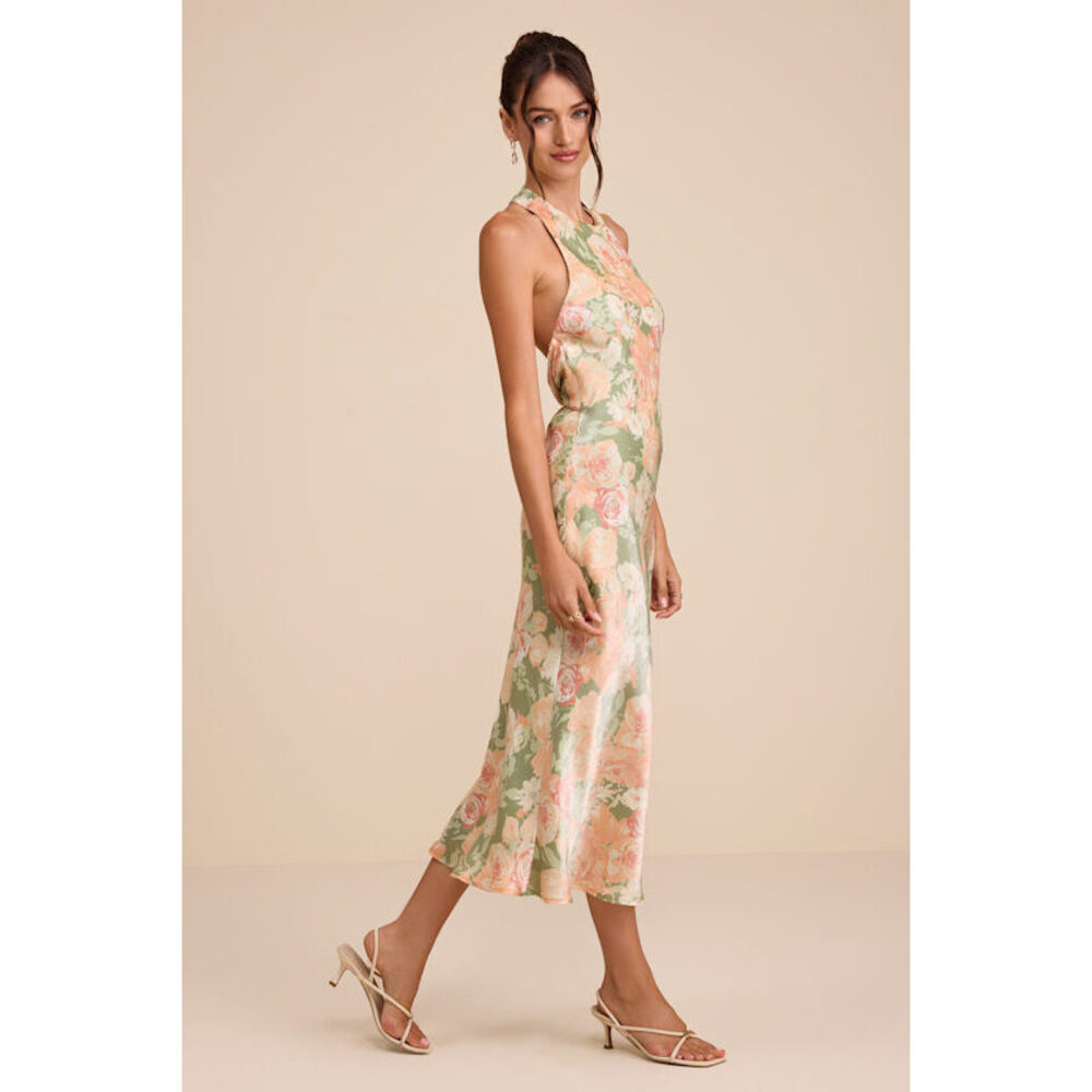 Lulus Belin Sage Multi Floral Satin Backless Midi Dress Green - Size S